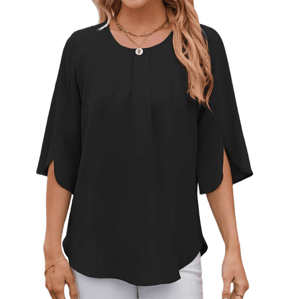 Blusa Informal de para Mujer, con Mangas 1/2 con Volantes, Cuello Redondo, Corte Holgado, Color Negro, Talla XL