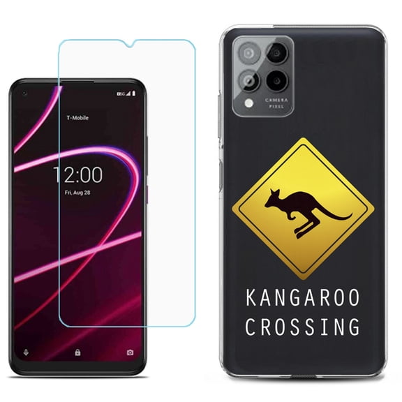 Slim-Fit Gel TPU Phone Case for T-Mobile Revvl 6 Pro 5G, with Tempered Glass Screen Protector, by OneToughShield ® - Road Sign Kangaroo