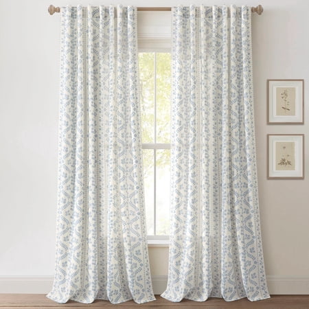 Lush Decor Doreen Blue Floral Nature & Floral Back Tab Light Filtering Curtain Panel Pairs Curtains, 52x84 2 Panels