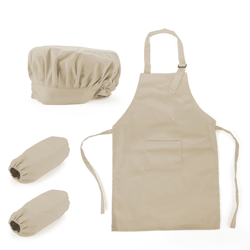 (Price/2 Sets) Opromo Colorful Cotton Canvas Kids Apron, Chef Hat and Oversleeve Set, Party Favors(S-XXL)-Khaki-S