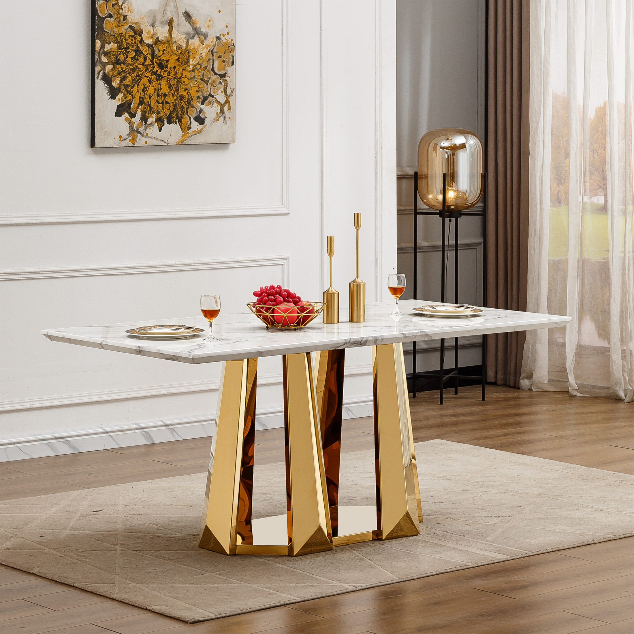 Noble House Modern 70" Rectangle Faux Marble Dining Table with Stainless Steel Base, for Kitchen, Gloss White & Gold