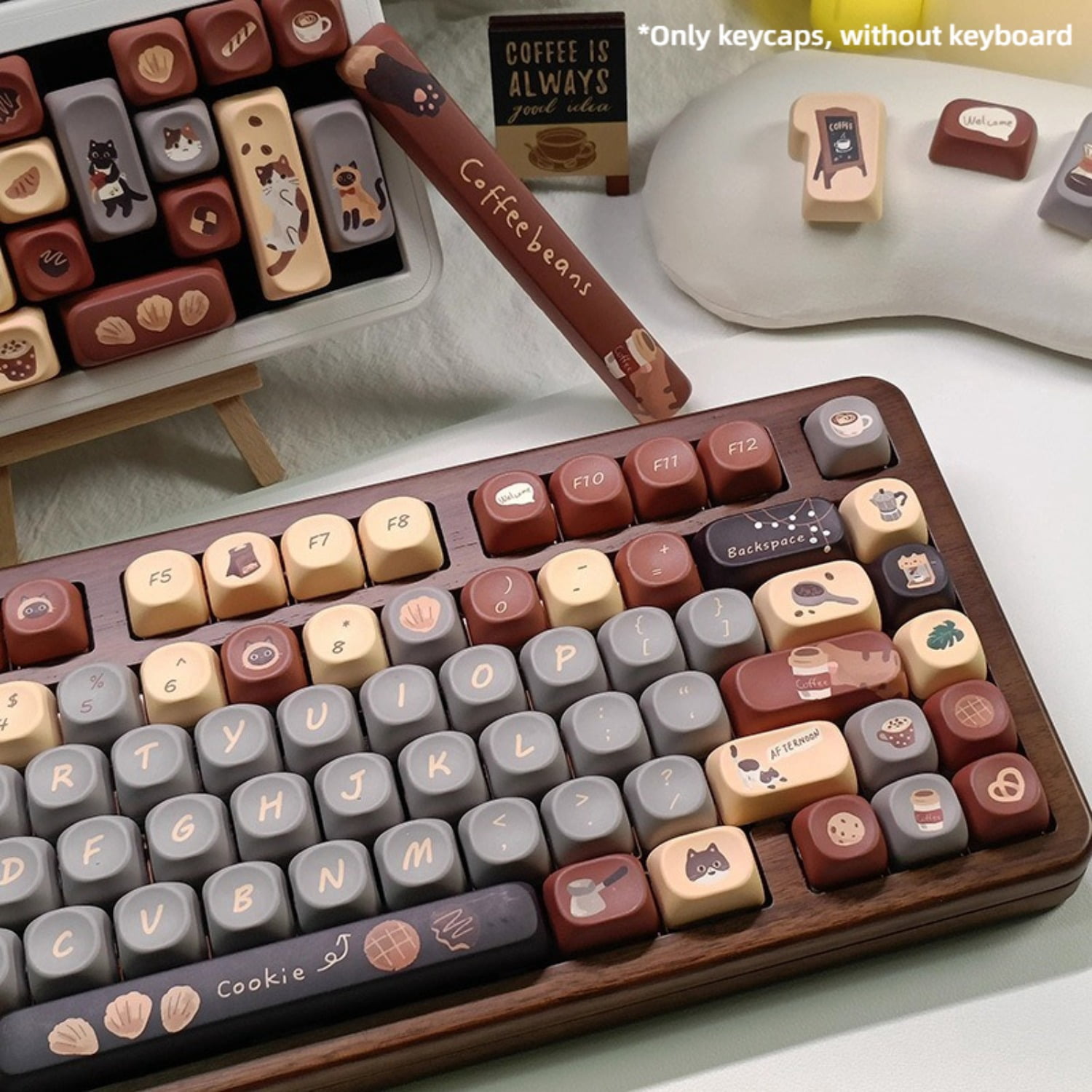 Coffee Cat Theme Keycap Full Set, 5-Side Dye-Sublimation Cherry/MOA Profile Cute Keycaps for Mechanical Keyboard