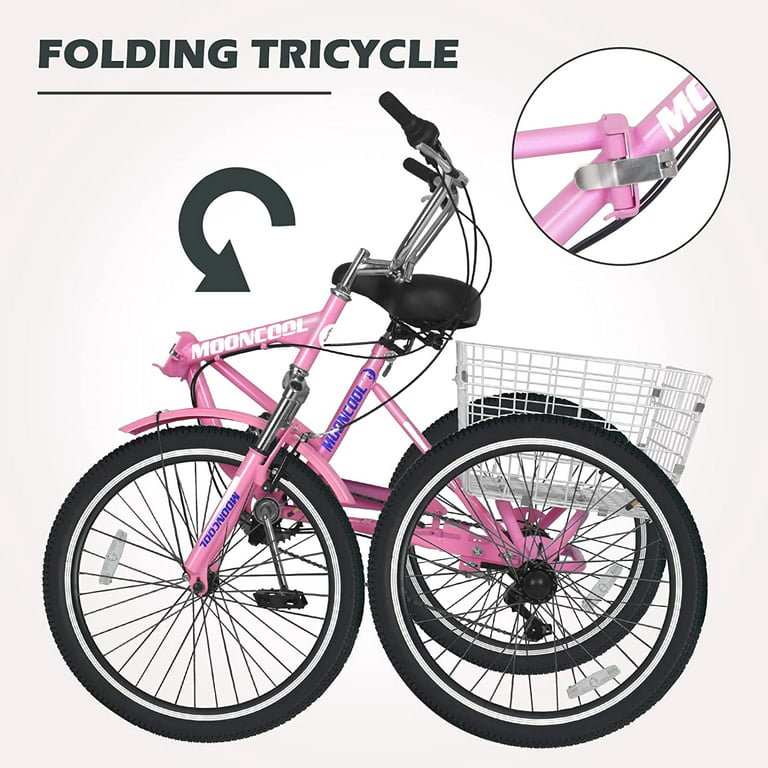 Slsy Adult Folding Tricycles, 7 Speed Folding Adult Trikes, 20 24 26 Inch 3  Wheel Bikes with Large Size Basket, Foldable Tricycle for Adults, Women
