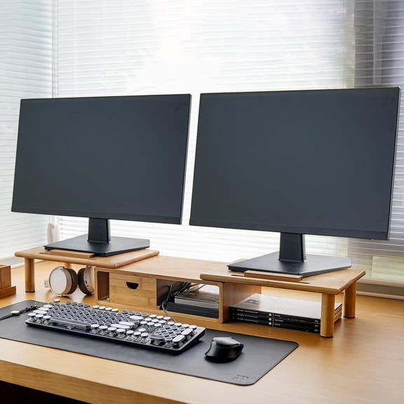 Dual Monitor Stand Riser with Drawer for Desk Laptop Desk Shelf with Adjustable Length and Angle, Bamboo Computer Stand Riser for 2 or 3 Monitors Screen Laptop PC TV -Natural