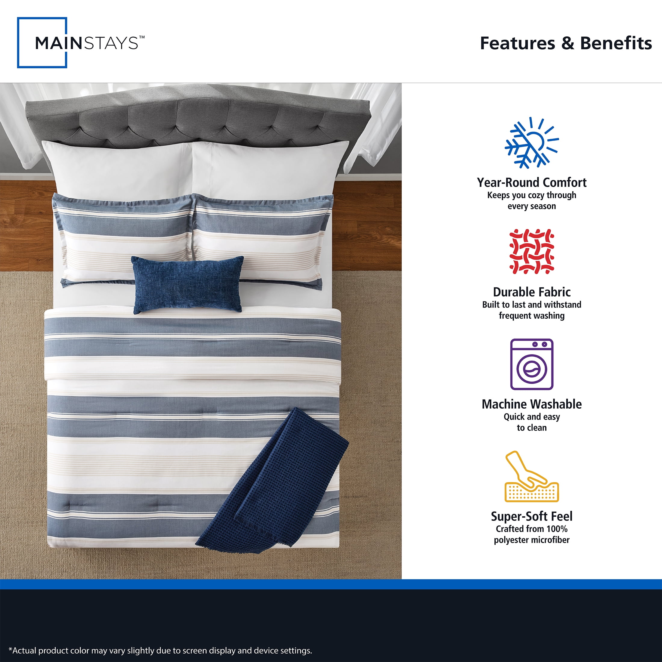 Mainstays King Comforter Set, All-Season, 5-Piece, Blue & Tan Woven Stripe
