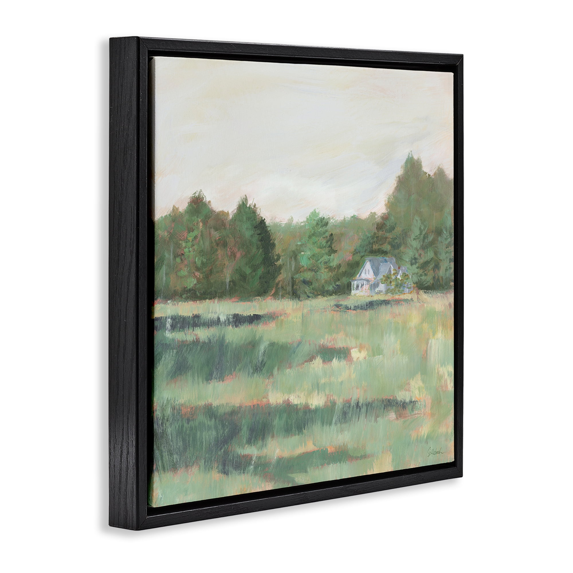 Stupell Industries Farmhouse Across Meadow Landscape Painting Black Floater Framed Art Print Wall Art, 18 x 18