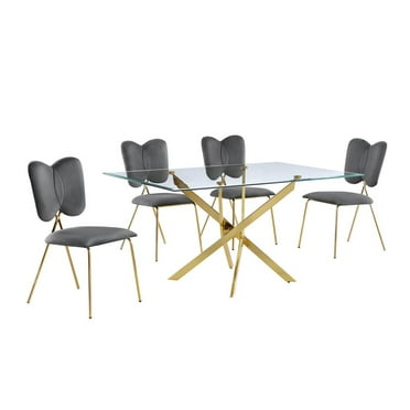 Rectangle 60" x 38" 5pc Clear Glass Dining Set with Dark Gray Chairs