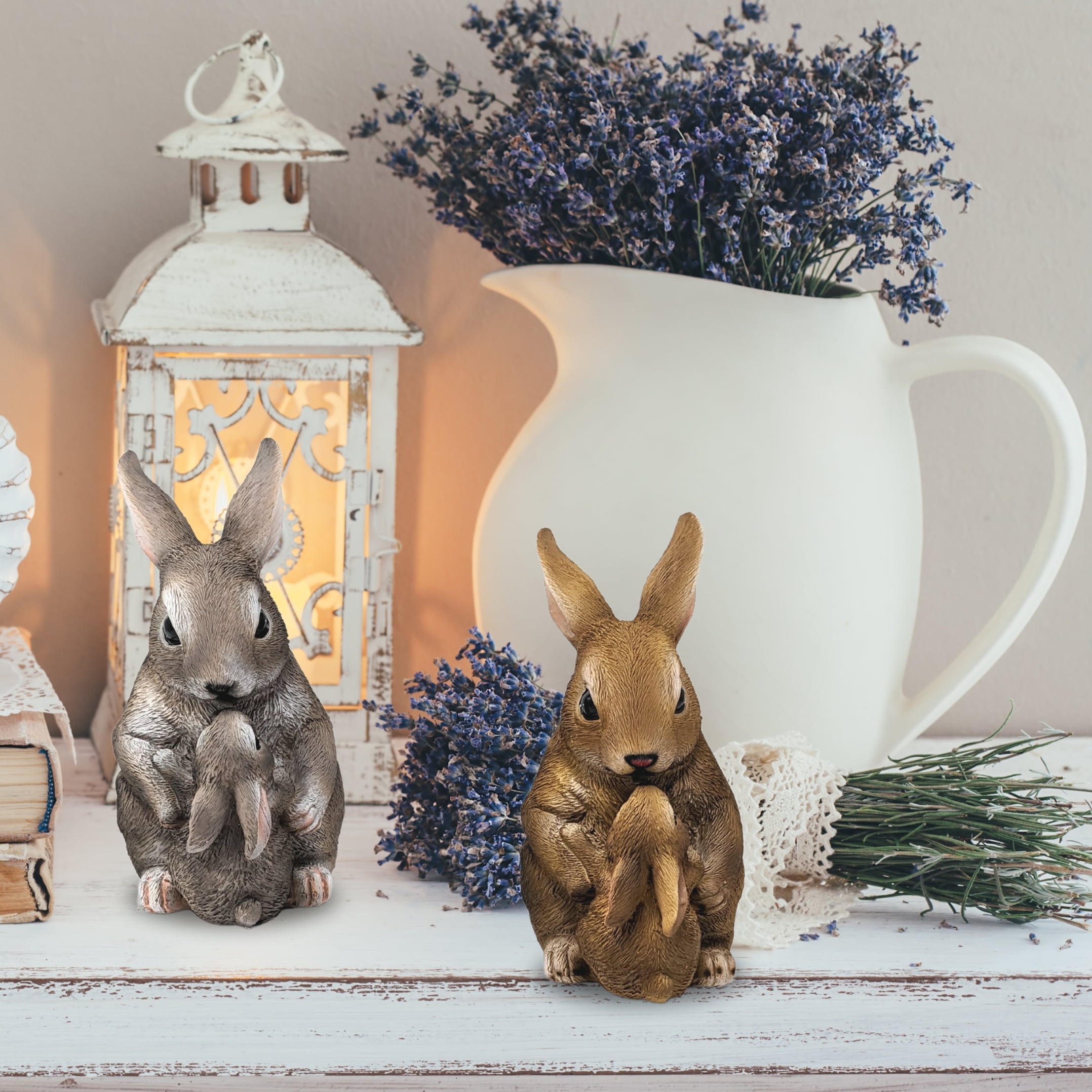 2-Piece Mom & Baby Rabbit Figurines – Adorable Bunny Statues, Resin Animal Sculptures for Home, Indoor & Garden Décor – Cute Easter, Farmhouse, Rustic, and Woodland Decorations