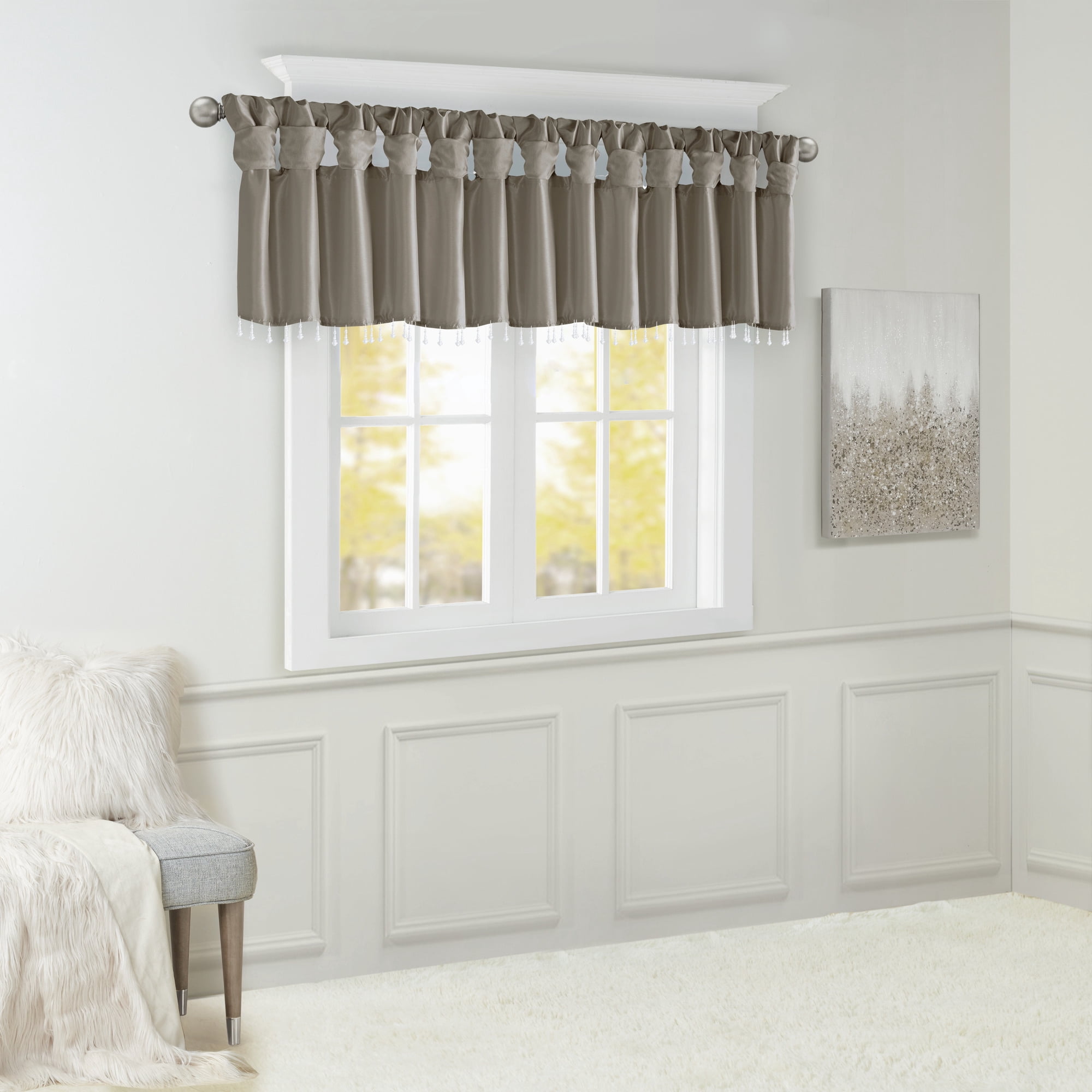 Lightweight Faux Silk Valance With Beads Pewter 50x26"