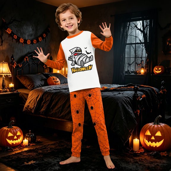 Matching Halloween Pajamas for Family Spider Web Skull Crew Neck Funny Pajamas Candy Pumpkin Long Sleeve Horror Loungewear, Kids:2 Years