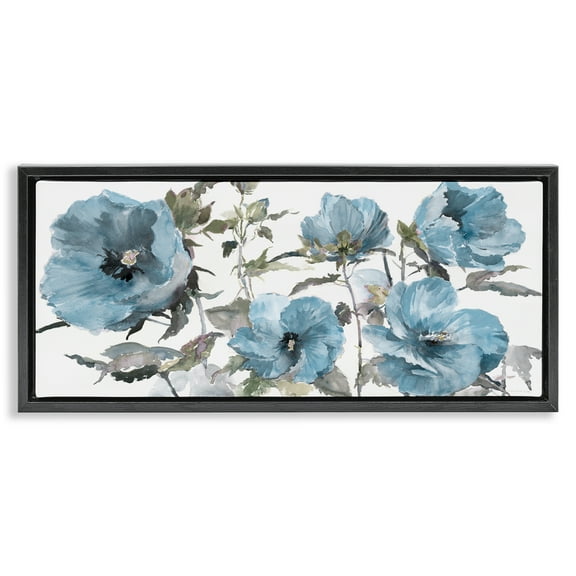 Stupell Industries Blue Poppies on White Plants & Flowers Painting Black Floater Framed Canvas Art Print Wall Art, 25 x 11