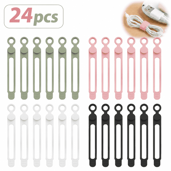 Genreen 24Pcs Silicone Cable Straps Cord Organizer for Bundling Earphone, Phone Charger, Computer Cords, Reusable Cable Ties Wire Organizer in Home,Office,Kitchen,School (4 Colors)
