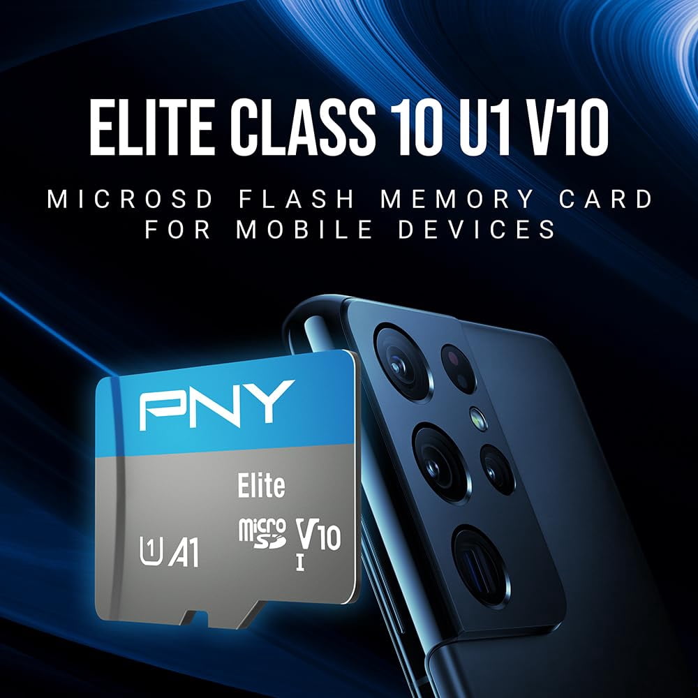PNY 128B Elite Mobile Accessories Class 10 U1 V10, A1 microSDHC Flash Memory Card for Mobile Devices - 100MB/s, Full HD, UHS-I, micro SD 5-Pack