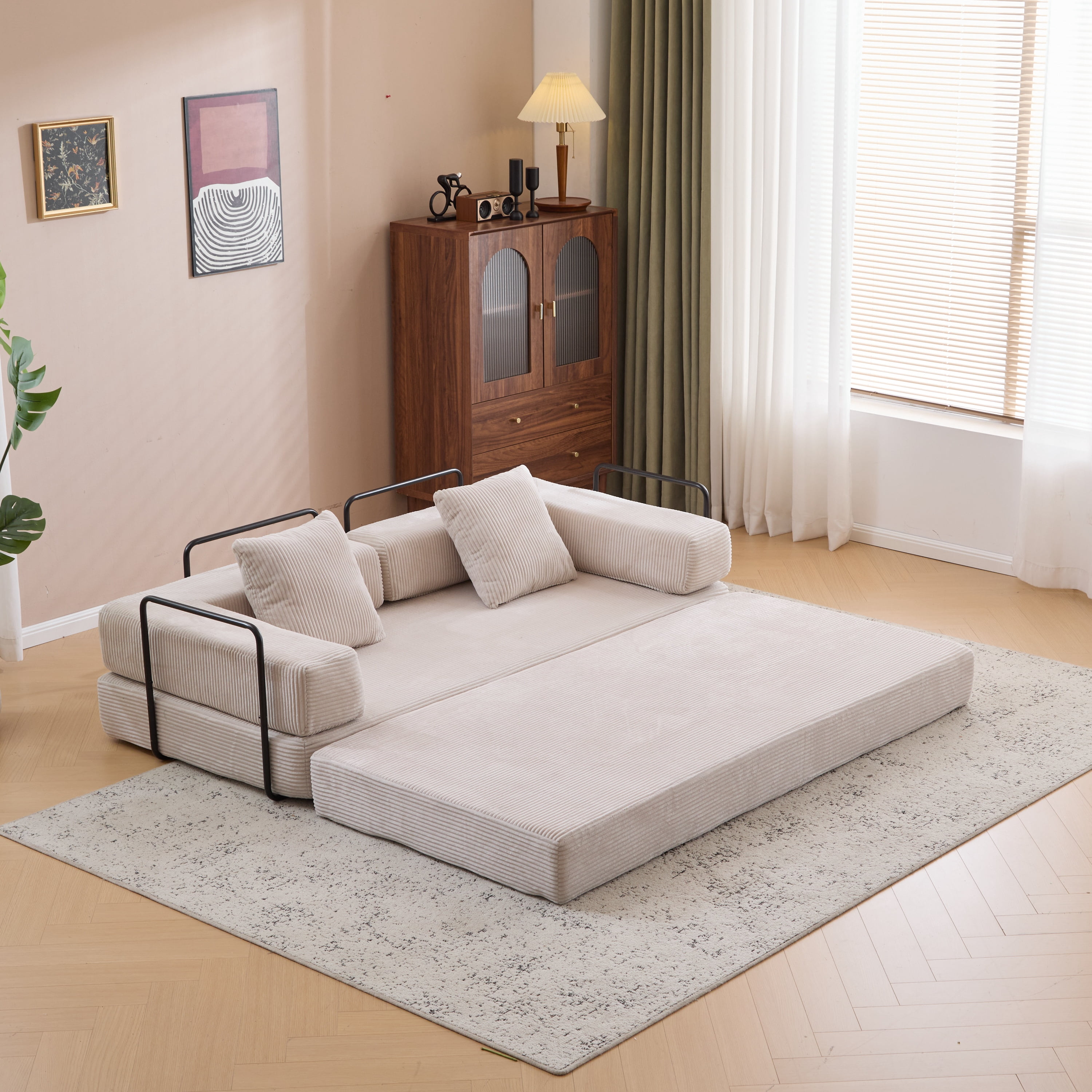 BSHTI Convertible Sofa Bed with Pillows, Chenille Folding Floor Sofa, High Rebound Density Sponge Boneless Couch for Living Room Bedroom Apartment Office, No Assembly Required, Light Gray