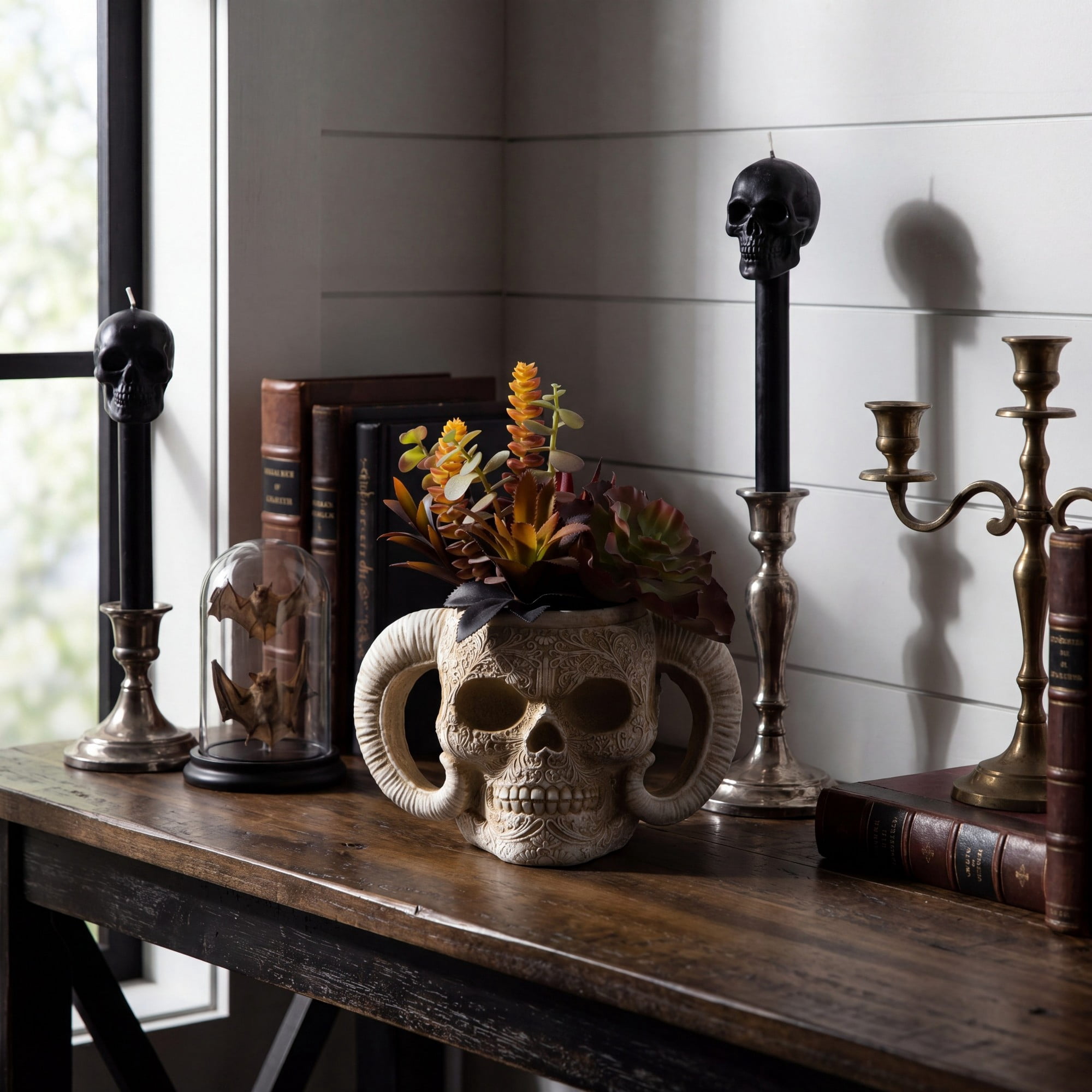 9.5in. Artificial Halloween Succulent Garden in Horned Skull Planter