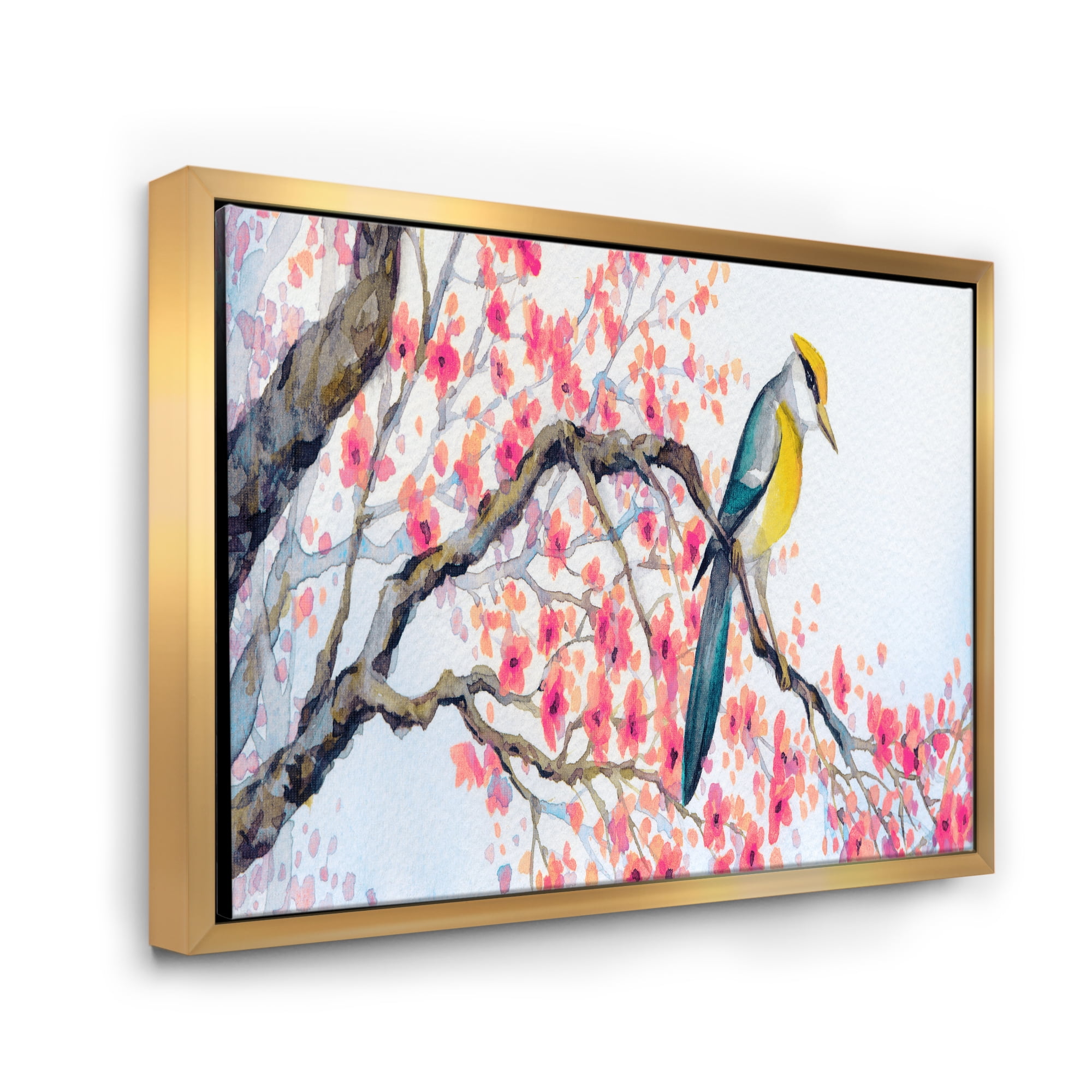Designart 'Beautiful Pink Bird Sitting On Flowering Branch I' Traditional Framed Canvas Wall Art Print