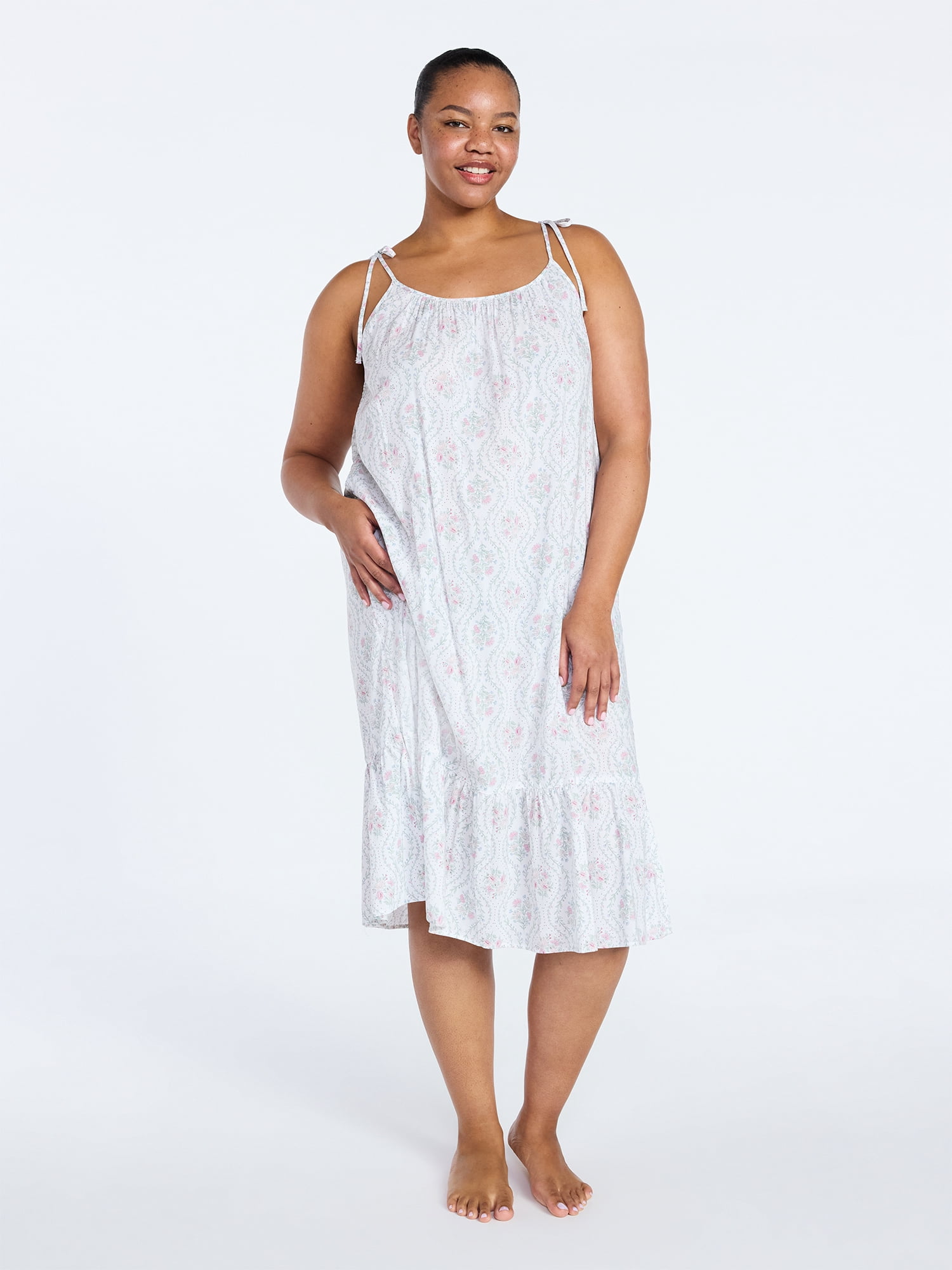 Joyspun Women's Woven Midi Sleep Gown with Shoulder Tie, Sizes XS-3X
