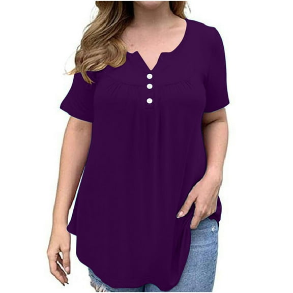 Usmixi Womens Summer Tops Short Sleeve V-Neck Solid Shirts Button Down Pleated Swing Hem Plus Size Tunic Blouse Purple L