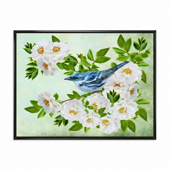 Designart 'Little Blue Bird Sitting On A Branch of White Rose Plant' Traditional Framed Canvas Wall Art Print
