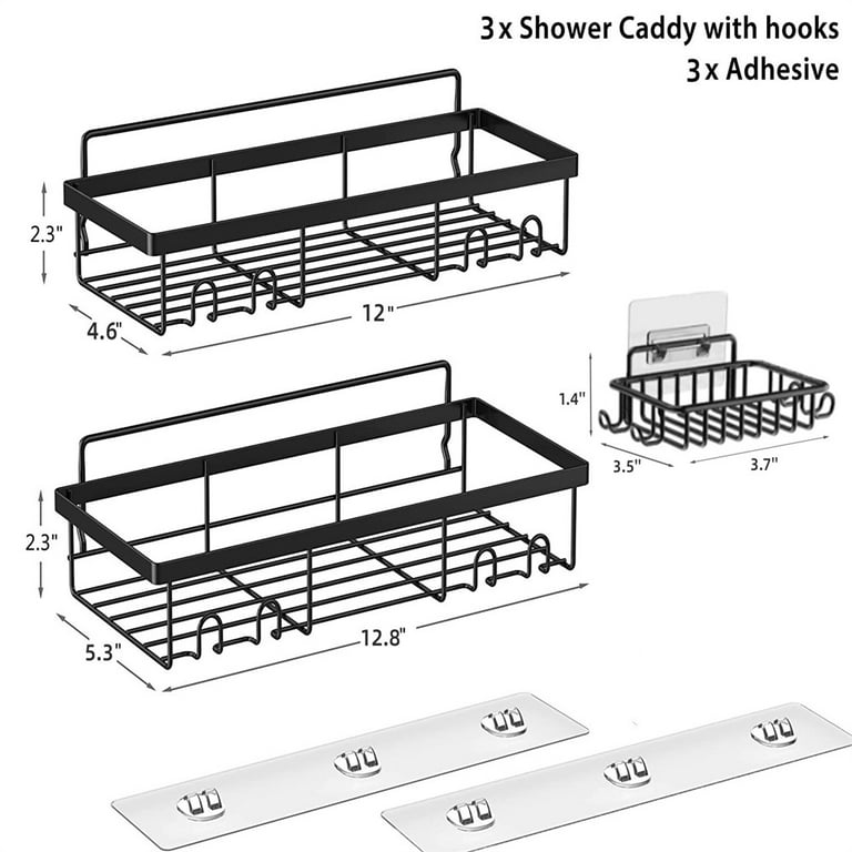HadinEEon 3-Pack Shower Caddy Basket Shelf with Soap Holder, No Drilling Traceless Adhesive Shower Wall Shelves, Rustproof Black Bathroom Shower Storage