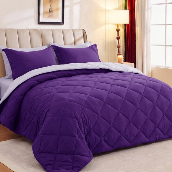 Sasttie 7 Pieces Full Comforter Set, Reversible Bed in a Bag, All Season Bedding Set with Comforter, Flat Sheet, Fitted Sheet, Pillowcases & Shams, Purple & Lavender