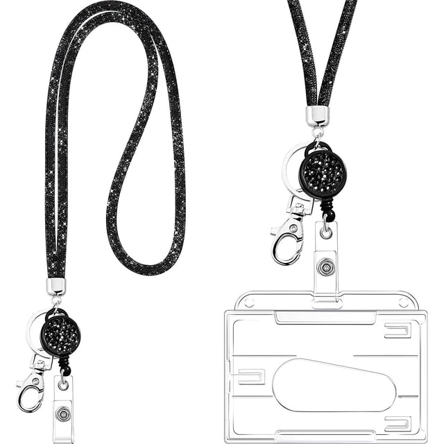 Llavero con collar de cristal con cordón, cordón de cristal con diamantes de imitación brillantes, soporte para credencial transparente y correa para el cuello para credencial de identificación