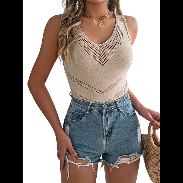 Suéter Sin Mangas de Verano con Cuello en V para Mujer, Chaleco de Punto Holgado para Otoño. Caqui M