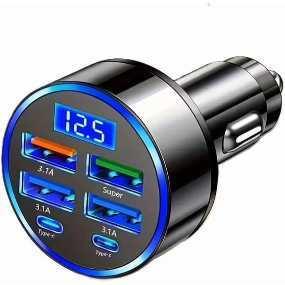USB-C 6-Port Super Fast Car Charger with LED Voltage Monitor | Multi-Device Cigarette Lighter Adapter Compatible with iPhone, Samsung, Huawei, OnePlus, Oppo & Vivo Phones