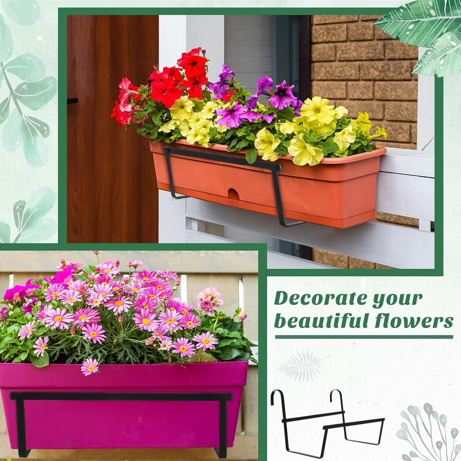 Window Deck Railing Planters Boxes , Window Boxes Planters Flower Boxes, Balcony Railing Hanging Flower Pot Hook, Metal Flower Pot Stand for Outdoor Fence Porch Patio Lawn (17 Inch)