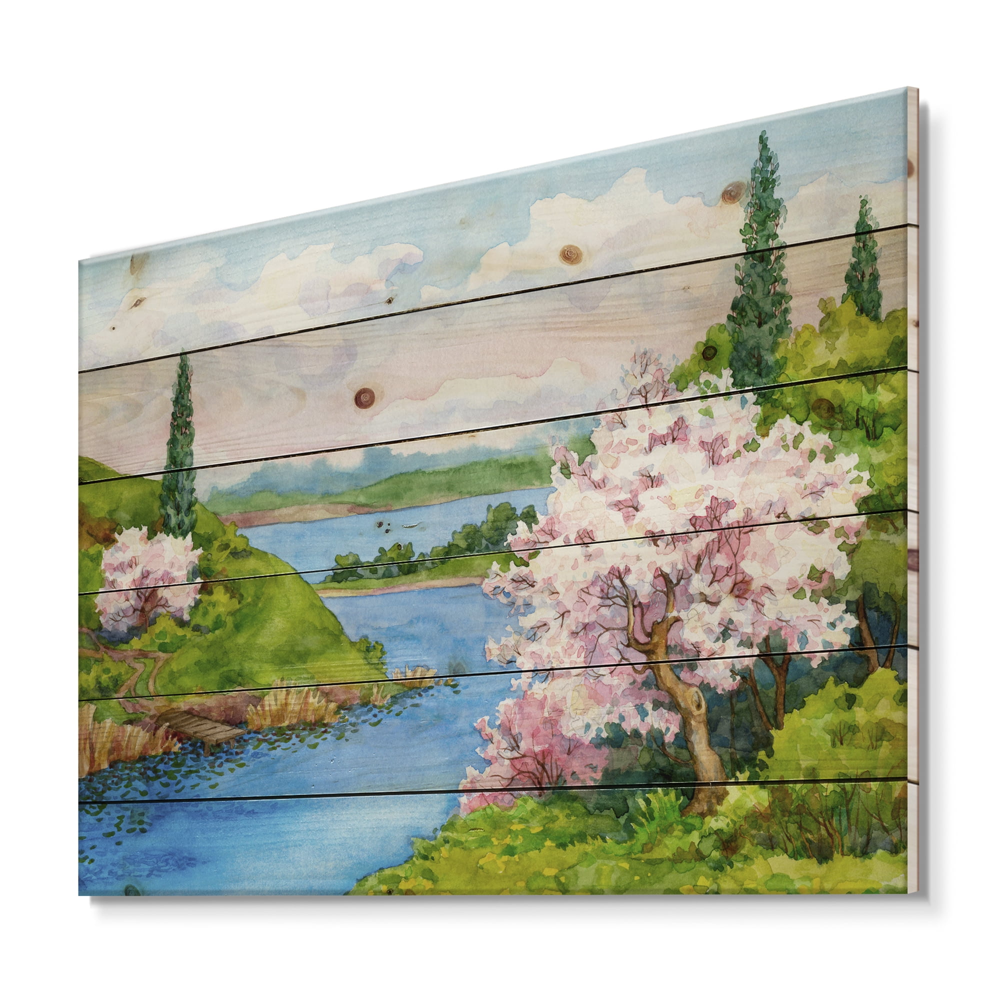Designart 'A Bright Blue Sky Over Spring Landscape' Traditional Print on Natural Pine Wood