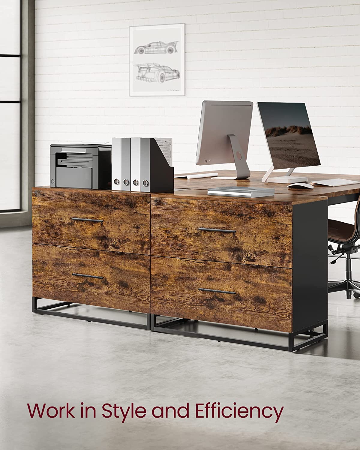 Lateral File Cabinet, Home Office Printer Stand, 2-Drawer Filing Cabinet, Rustic Brown and Black