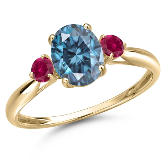 Gem Stone King 10K Yellow Gold Persian Blue Moissanite and Red Created Ruby 3-Stone Ring for Women | 1.66 Cttw | Oval 8X6MM | Gemstone Birthstone | Size 9