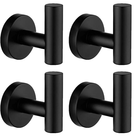 Towel Coat Hook Matte Black, SUS304 Stainless Steel Bathroom Clothes Cabinet Closet Sponges Robe Hook Wall Mounted Round Kitchen Heavy Duty Door Hanger 4 Packs