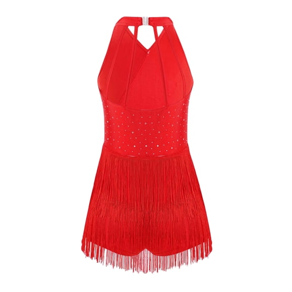 HULIJA Tiered Tassels Rhinestones Latin Dance Leotard Dress for Girls Sleeveless Backless Jazz Cha Cha Dancewear Red 8