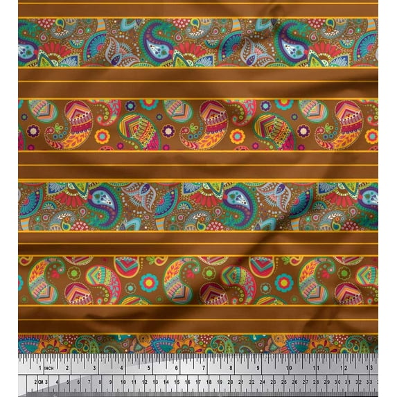 Soimoi Brown Rayon Fabric Stripe,Floral & Paisley Artistic Fabric Prints By Yard 56 Inch Wide