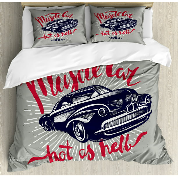 Cars Duvet Cover Set Queen Size, Hot as Hell Muscle Car Quote Classic  Vintage Sports Car in Navy Blue, Decorative 3 Piece Bedding Set with 2  Pillow 