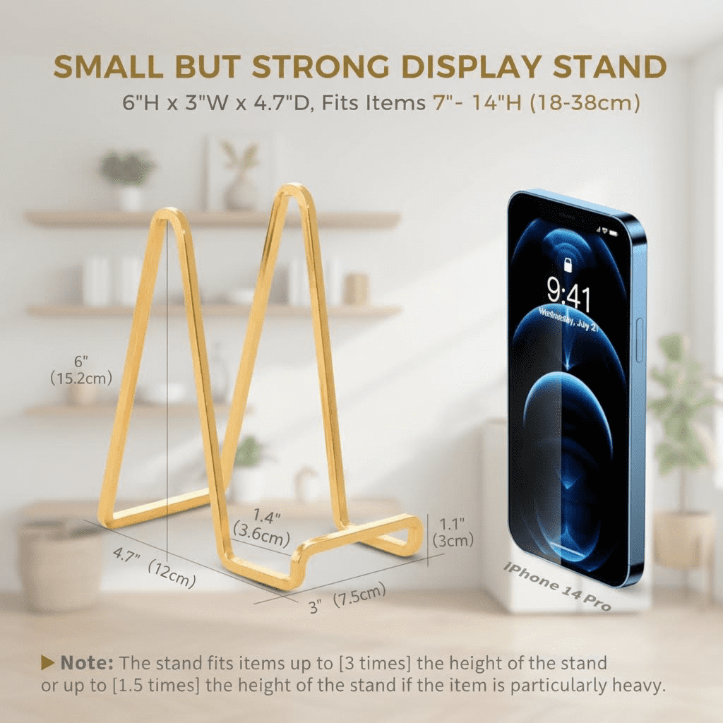 6-Inch Metal Plate Display Stands, Gold Iron Easel for Pictures, Photo Frames, Books, Decorative Plates and Plaques - Set of 3 Tabletop Holder Easels