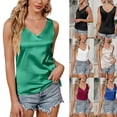 thumbnail image 2 of Women Summer Sleeveless Sexy Double V-Neck Tank Top Casual Loose Fit Basic Solid Color Satin Camisole Blouses T-Shirts champagne XXL, 2 of 5