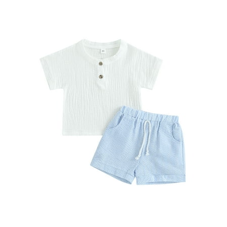

Qtinghua Toddler Baby Boys 2PCS Shorts Sets Solid Color Short Sleeve Button Tops and Drawstring Shorts Sets Blue 12-18 Months