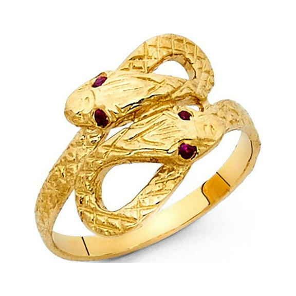 14k Yellow Solid Italian Gold CZ Fancy Double Head Snake Ring 15mm
