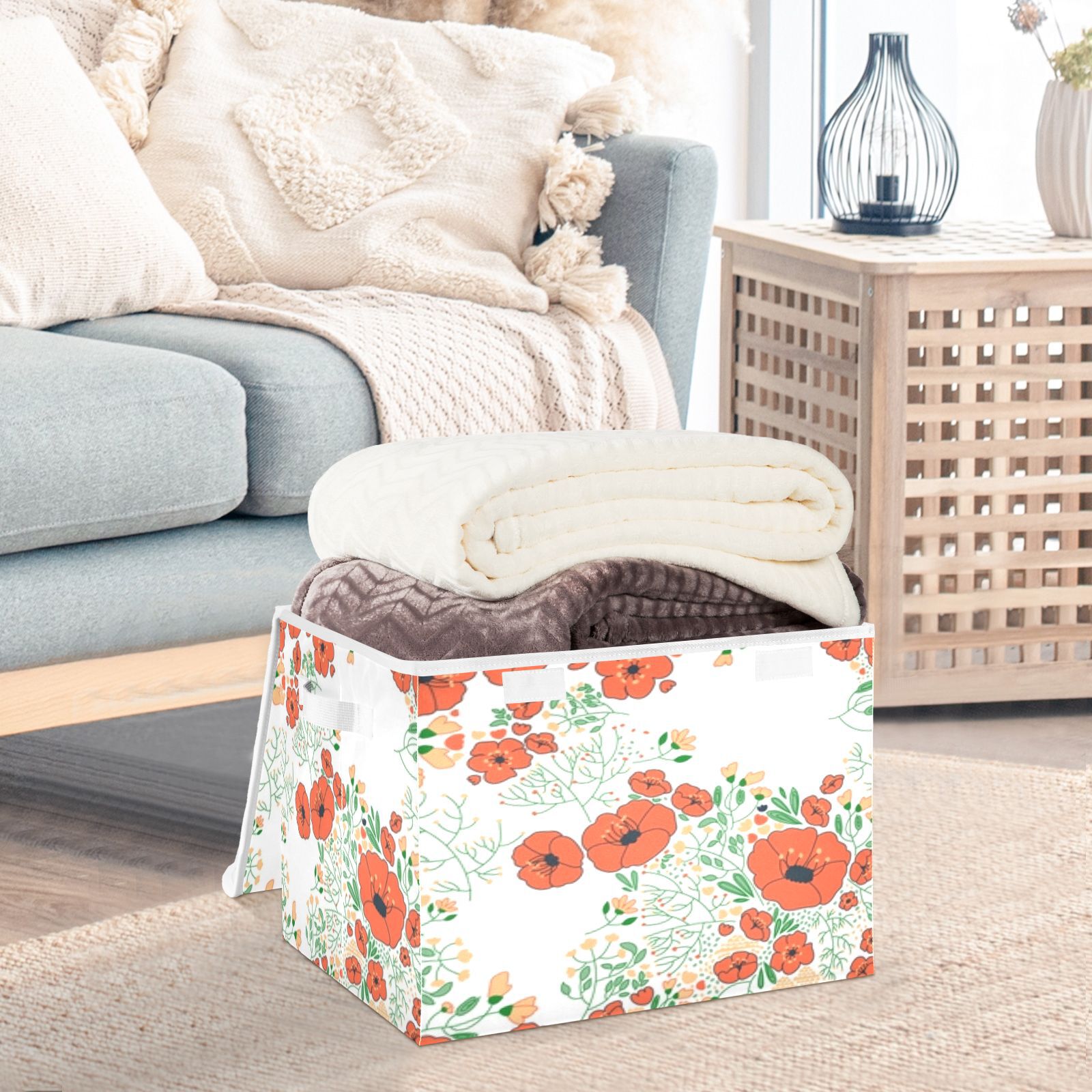 Orange poppies floral pattern print Large Storage Bins with Linen Collapsible Foldable Storage Cubes Fabric Closet Organizer Containers box with Flip-Top
