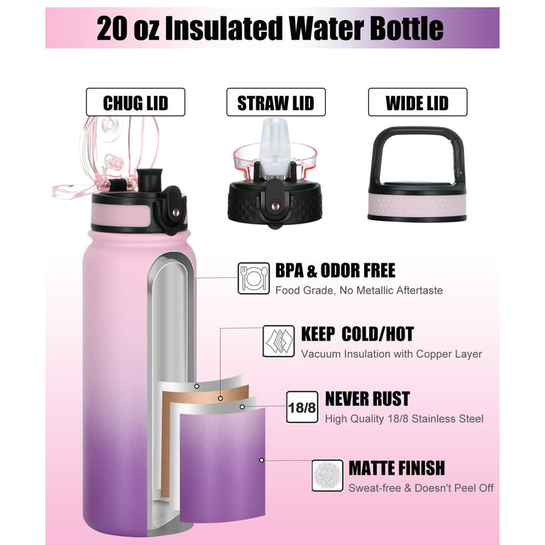 OLDLEY Insulated Water Bottle 20oz for Aldults and Kids Girl with Straw,Chug,Carabiner 3 Lids Double Wall Vacuum Wide Mouth BPA Free Sweat,LeakProof