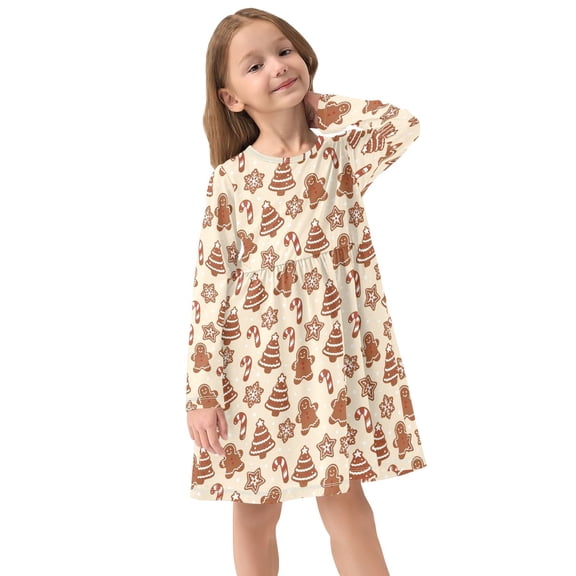 Girls Dress Soft Casual Long Sleeve Cute Dress for Girls Fashion Prints Christmas Gingerbread Man Crew Neck