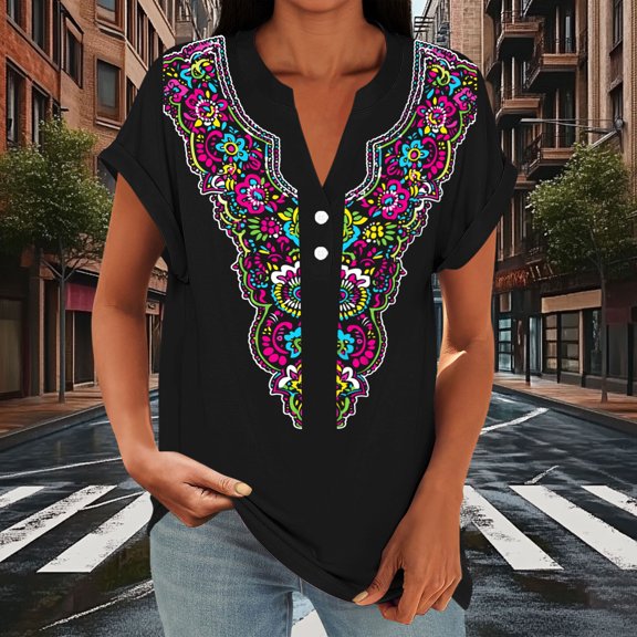 Ayolanni Printed Shirts for Women Short Sleeve Casual V-Neck Office Blouse Button Down Fitted Rolled Tunic Shirts Summer Tops for Women 2026 Black L