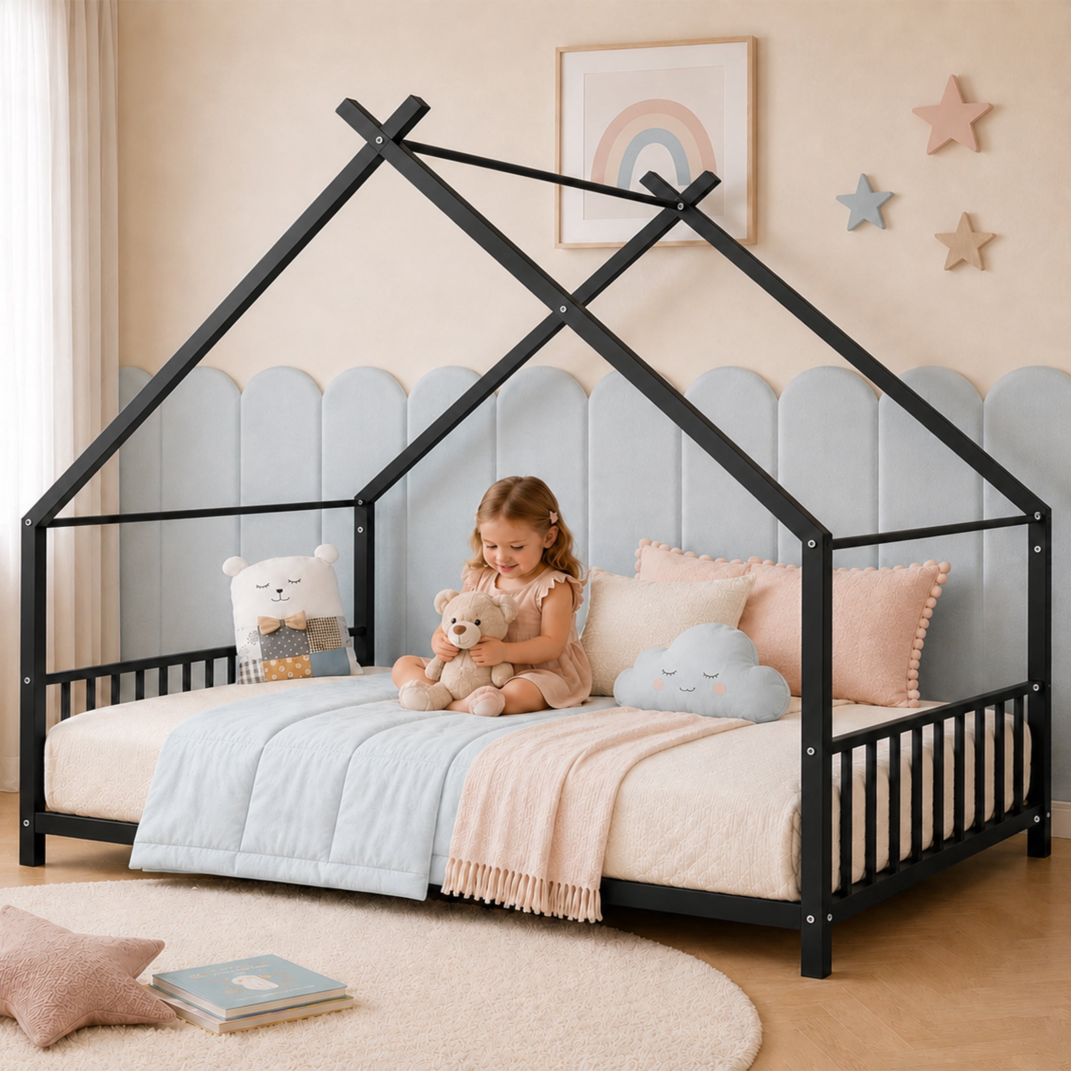 SESSLIFE Montessori Floor Bed, Twin Size Toddler Bed with Roof and Guardrail, House-Shaped Design, No Box Spring Needed, Toddler Bed Frame for Kids, Black