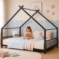 thumbnail image 2 of SESSLIFE Montessori Floor Bed Frame, Twin Size House Bed with Roof and Guardrail, House-Shaped Design, No Box Spring Needed, Easy Assembly, Black, 2 of 8