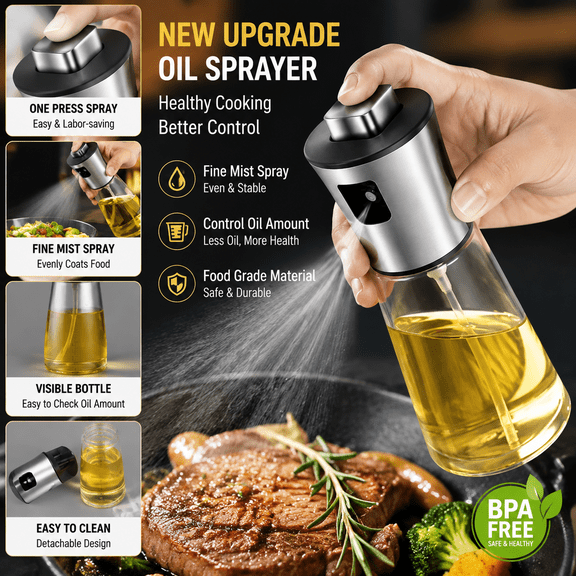 Refillable Glass Olive Oil Spray Bottle with Stainless Steel Pump, Cooking Oil Mister for Air Fryer, Salad, Baking & Grilling