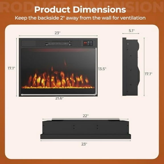 RELAX4LIFE 23-inch Electric Fireplace Inserts - 750W/1500W Fireplace Heater w/3 Flame Color, Adjustable Crystal Brightness, Thermostat, 1-8H Timer & Remote Control, Recessed Fireplace Insert