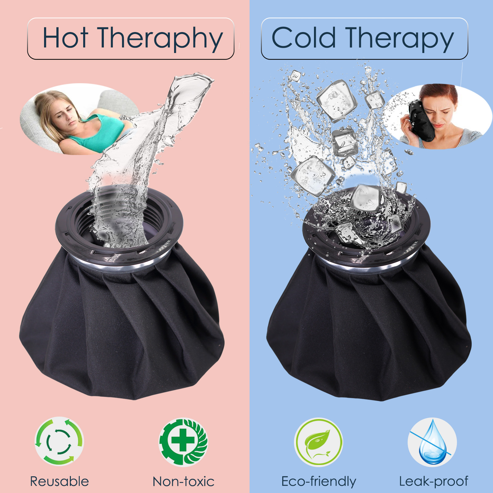 Ueasy Black Ice Bag 4 Packs Reusable Ice Packs for Injuries Hot Water Bags Cold Packs for Headache Shoulder Wrist Knee Menstruation Pain Relie