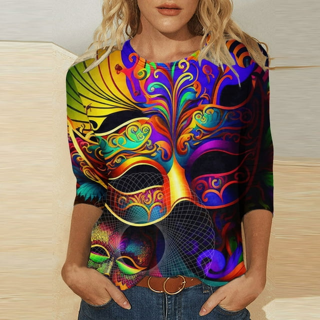 CEHVOM T-Shirts de Croisière Carnaval pour Femmes, T-Shirts de Mardi Gras Femmes à Paillettes, T-Shirts de Mardi Gras Femmes T-Shirt Graphique Masque Pailleté, T-Shirts de Carnaval à Manches Longues à Col Rond T-Shirt de Fête Hauts de Carnaval